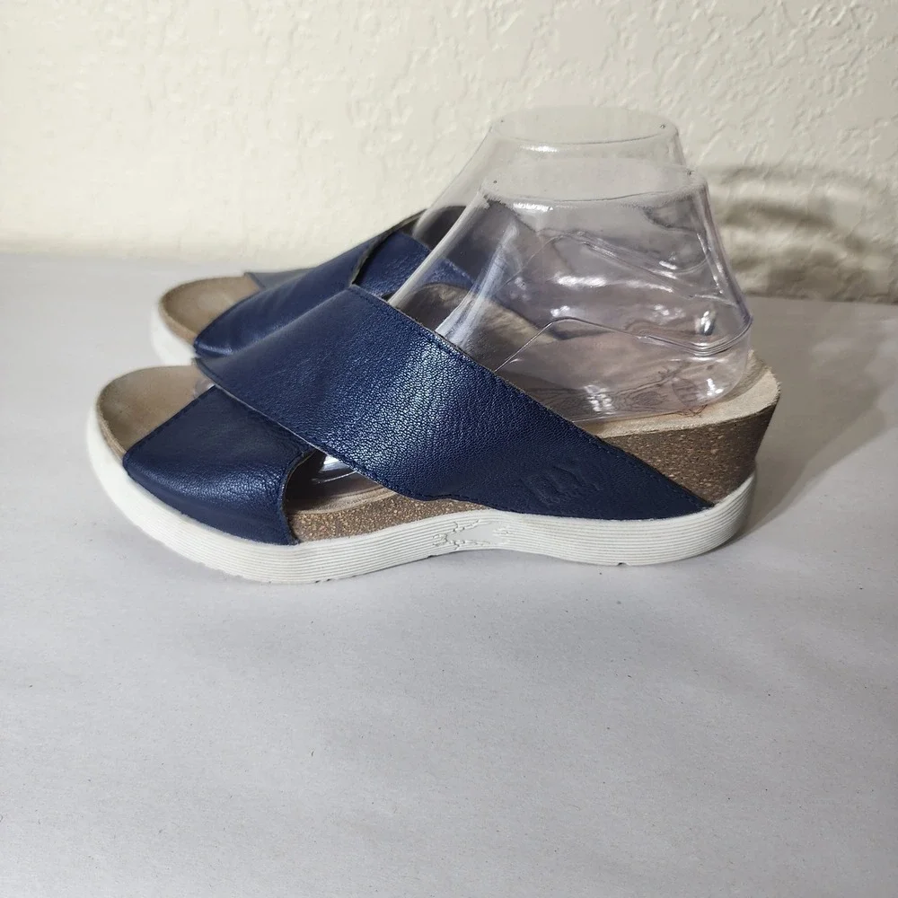 Fly London Navy Blue Leather Cross Strap Wedge Slide Sandals Womens 41 US 10